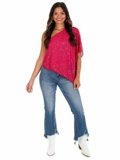 Main Strip Rise Up Fuchsia One Shoulder Sequin Top
