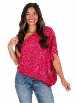 Main Strip Rise Up Fuchsia One Shoulder Sequin Top