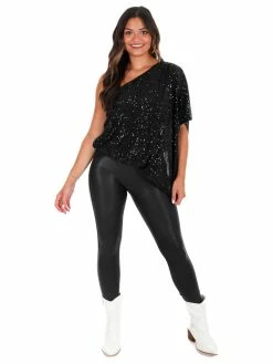 Main Strip Tops Rise Up Black One Shoulder Sequin Top