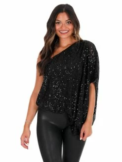 Main Strip Tops Rise Up Black One Shoulder Sequin Top