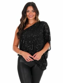 Main Strip Tops Rise Up Black One Shoulder Sequin Top