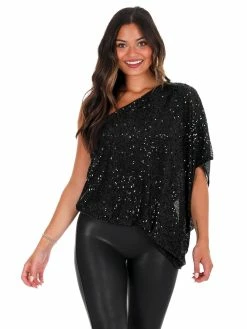 Main Strip Tops Rise Up Black One Shoulder Sequin Top