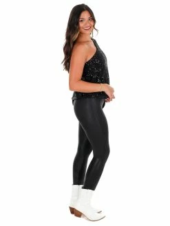 Main Strip Tops Rise Up Black One Shoulder Sequin Top
