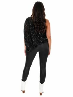 Main Strip Tops Rise Up Black One Shoulder Sequin Top