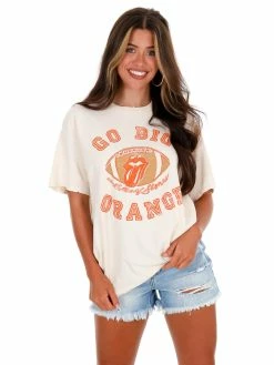 Livy Lu Rolling Stones Go Big Orange Football Lick Tee