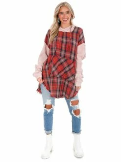 Oli & Hali Fade Away Long Strawberry Plaid Hoodie