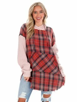 Oli & Hali Fade Away Long Strawberry Plaid Hoodie