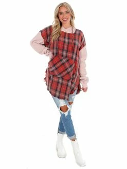 Oli & Hali Fade Away Long Strawberry Plaid Hoodie