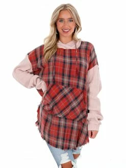 Oli & Hali Fade Away Long Strawberry Plaid Hoodie
