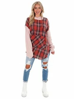 Oli & Hali Fade Away Long Strawberry Plaid Hoodie