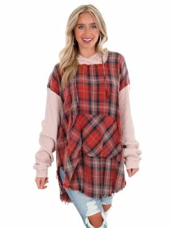 Oli & Hali Fade Away Long Strawberry Plaid Hoodie