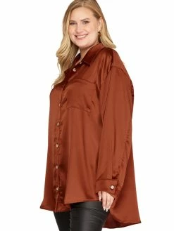 Apparel-Curvy Girl Curvy Glad You Came Satin Button Down Top