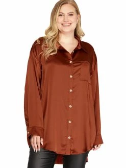 Apparel-Curvy Girl Curvy Glad You Came Satin Button Down Top