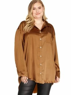 Apparel-Curvy Girl Curvy Glad You Came Satin Button Down Top