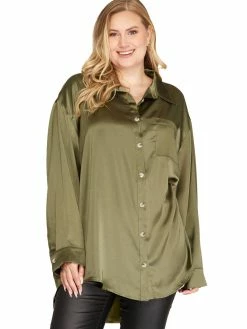 Apparel-Curvy Girl Curvy Glad You Came Satin Button Down Top