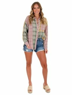 Crescent Lesson In Love Lavender Patchwork Plaid Button Up Top