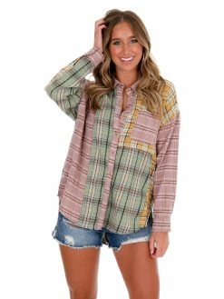 Crescent Lesson In Love Lavender Patchwork Plaid Button Up Top