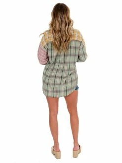 Crescent Lesson In Love Lavender Patchwork Plaid Button Up Top