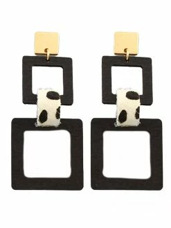 Jewelry Wood 2 Square & Leather Earrings