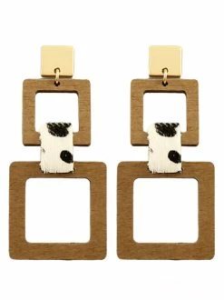 Jewelry Wood 2 Square & Leather Earrings