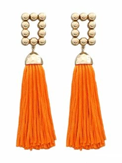 Golden Stella Gold Rectangle Orange Tassel Earrings