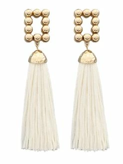 Golden Stella Gold Rectangle White Tassel Earrings Jewelry