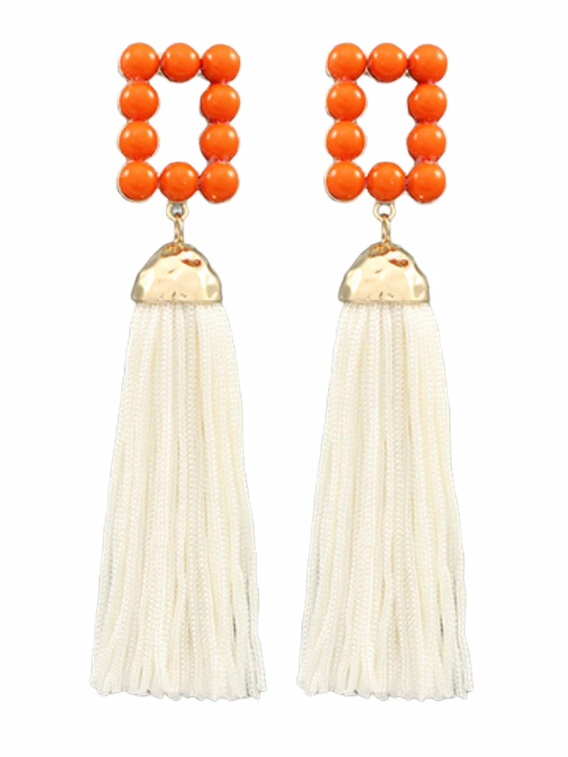 Best deal ⌛ Golden Stella Orange Rectangle White Tassel Earrings 🧨 1 Golden Stella Orange Rectangle White Tassel Earrings