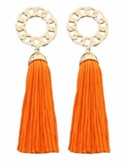 Golden Stella Jewelry Chain Circle And Orange Tassel Earrings