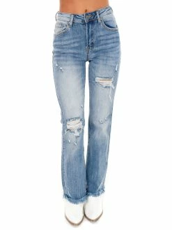 Risen Bottoms Owe You Mid Rise Light Distressed Ankle Flare