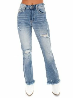 Risen Bottoms Owe You Mid Rise Light Distressed Ankle Flare