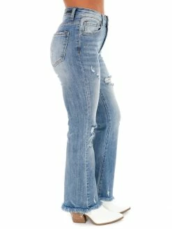 Risen Bottoms Owe You Mid Rise Light Distressed Ankle Flare