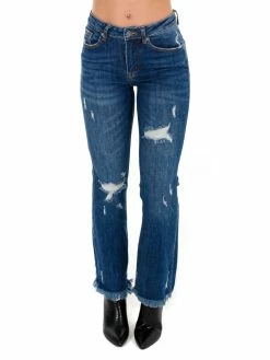 Risen Owe You Mid Rise Dark Distressed Ankle Flare Bottoms