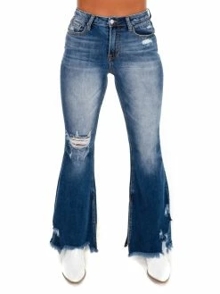 Risen Jeans Bottoms To The End Dark High Rise Slit Flare