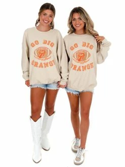 Livy Lu Graphic Tees Rolling Stones Go Big Orange Football Lick Thrifted Sweatshirt