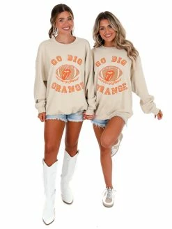Livy Lu Graphic Tees Rolling Stones Go Big Orange Football Lick Thrifted Sweatshirt