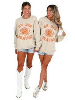 Livy Lu Graphic Tees Rolling Stones Go Big Orange Football Lick Thrifted Sweatshirt
