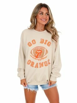 Livy Lu Graphic Tees Rolling Stones Go Big Orange Football Lick Thrifted Sweatshirt