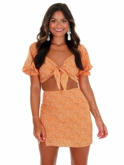 She + Sky Apparel GOAT Orange Floral Front Tie Crop Top