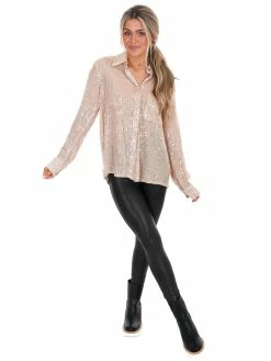 She + Sky Tops Miss Independent Sequin Button Down Shirt