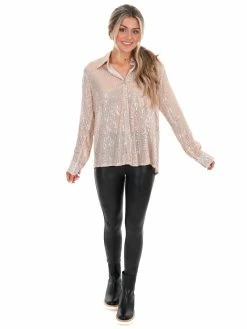 She + Sky Tops Miss Independent Sequin Button Down Shirt