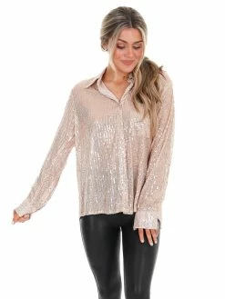 She + Sky Tops Miss Independent Sequin Button Down Shirt