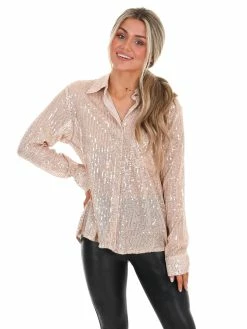 She + Sky Tops Miss Independent Sequin Button Down Shirt