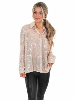 She + Sky Tops Miss Independent Sequin Button Down Shirt