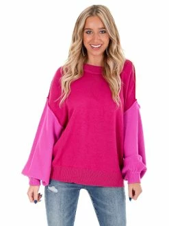 She + Sky Just For Me Magenta Colorblock Sweater Tops