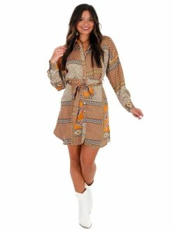 She + Sky Dresses Looks So Perfect Mustard Print Button Down Dress