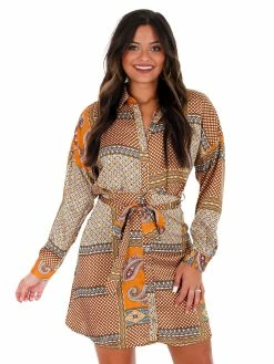 She + Sky Dresses Looks So Perfect Mustard Print Button Down Dress