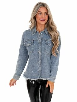 Veveret Tops Denim & Rhinestones Shacket